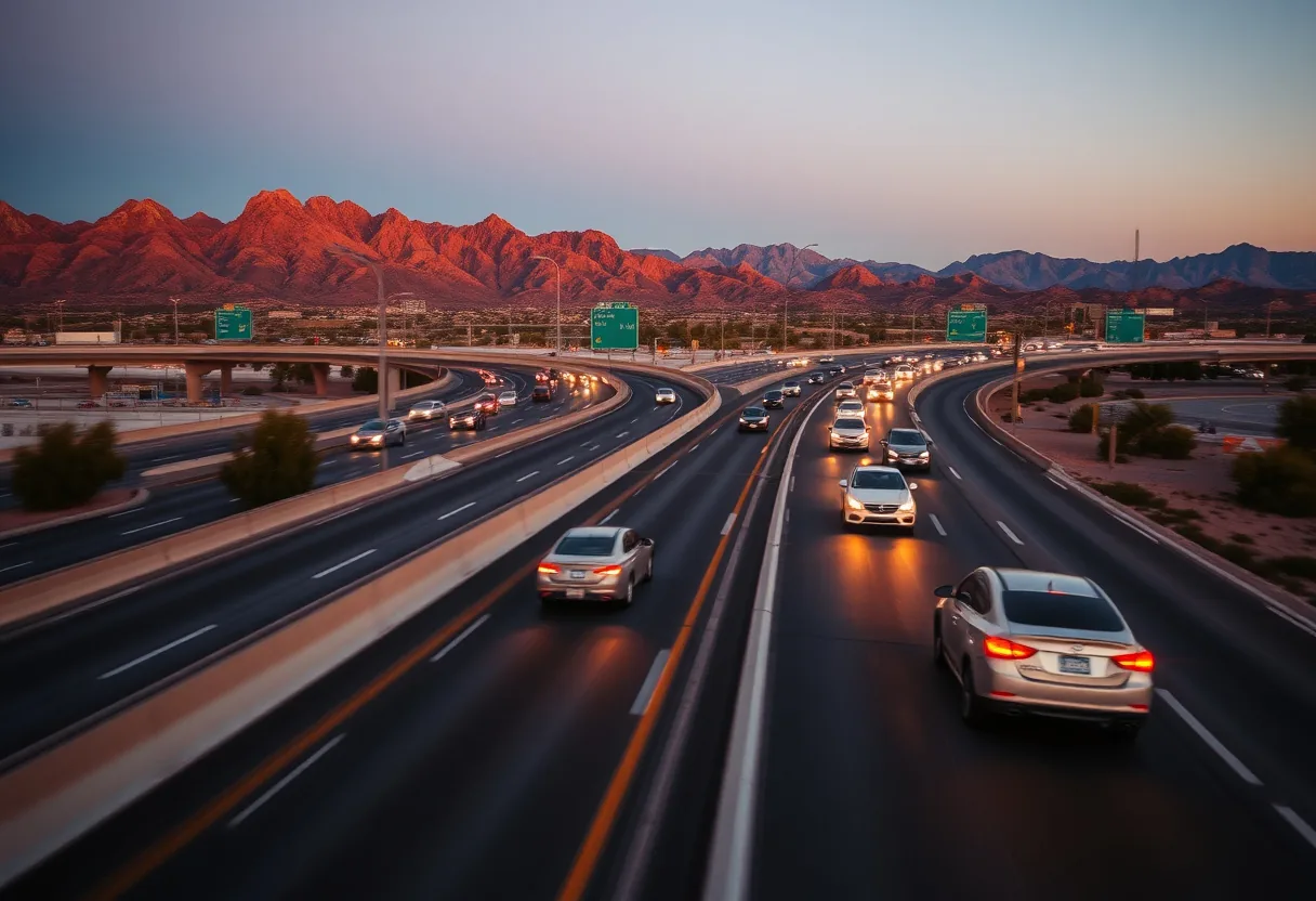 A car driving on a Phoenix freeway at dusk with the rugged desert mountains of the Valley rising in the background