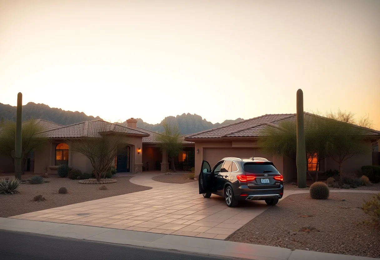 A Phoenix family home with a car parked in the driveway and desert mountains rising in the background under a clear Arizona sky