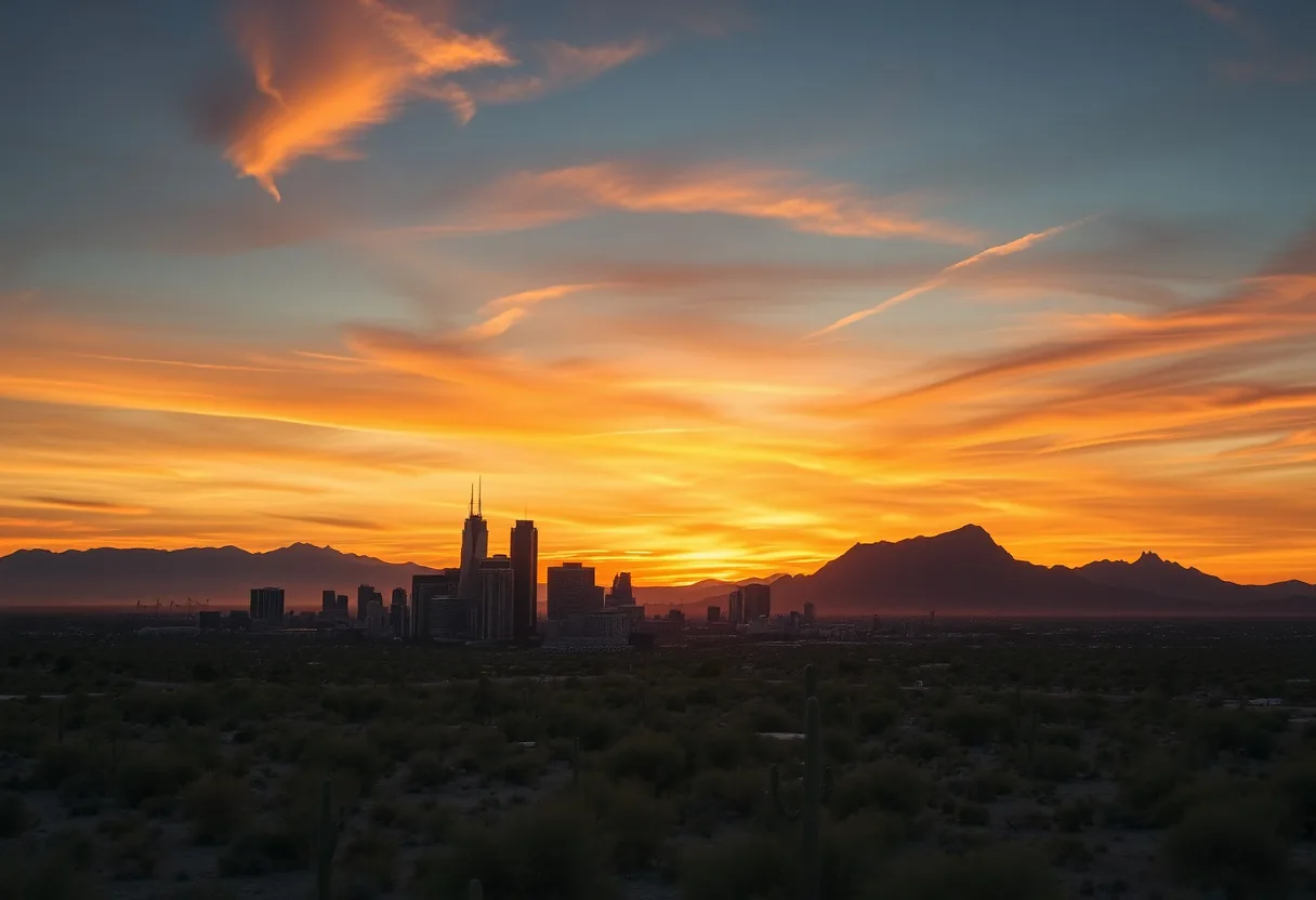 The downtown Phoenix skyline at sunset with the rugged desert mountains and saguaro-studded foothills of the Valley of the Sun glowing orange behind it