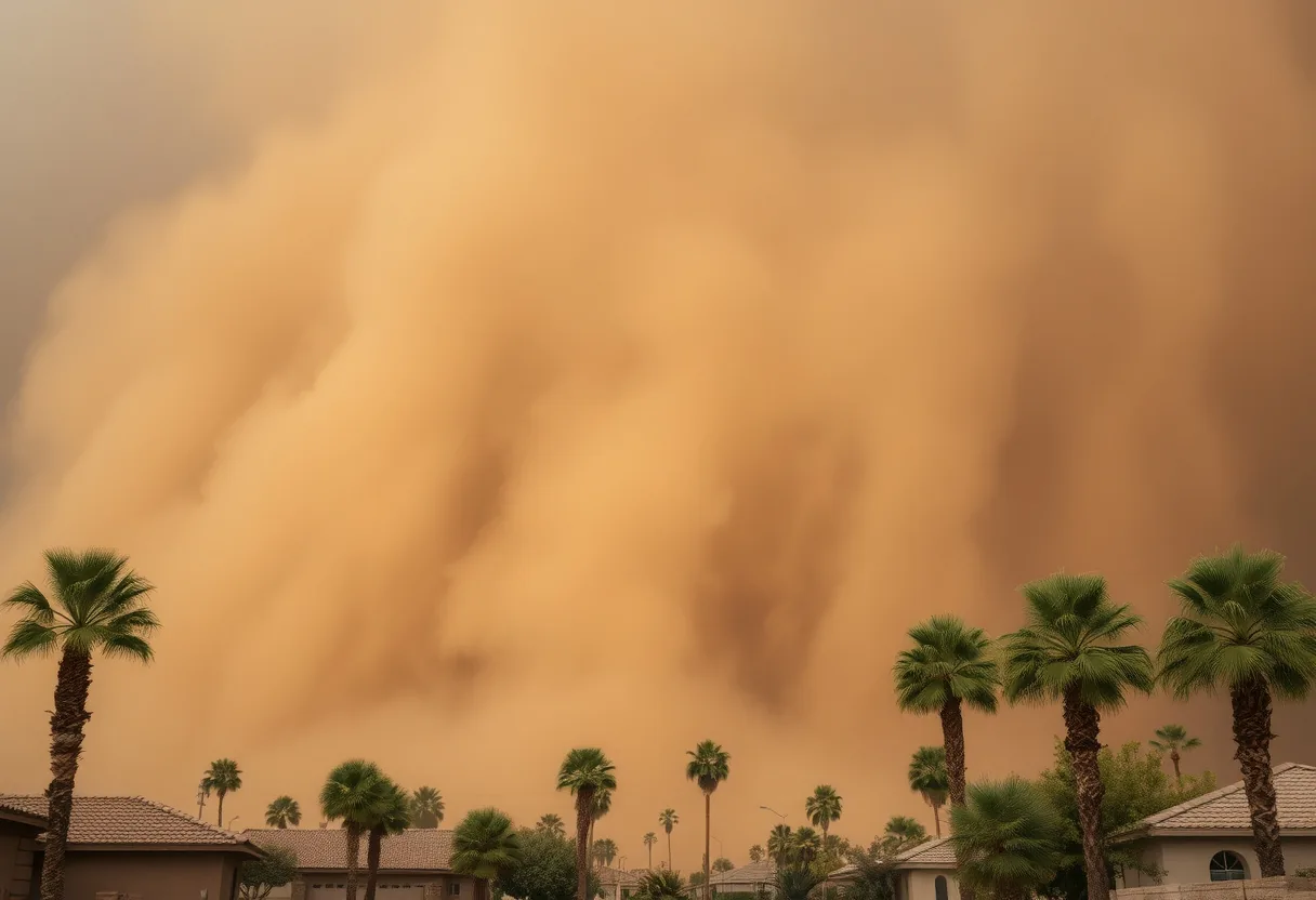 A towering wall of brown dust from a monsoon haboob rolling over rooftops and palm trees in a Phoenix neighborhood as the sky darkens ahead of the storm