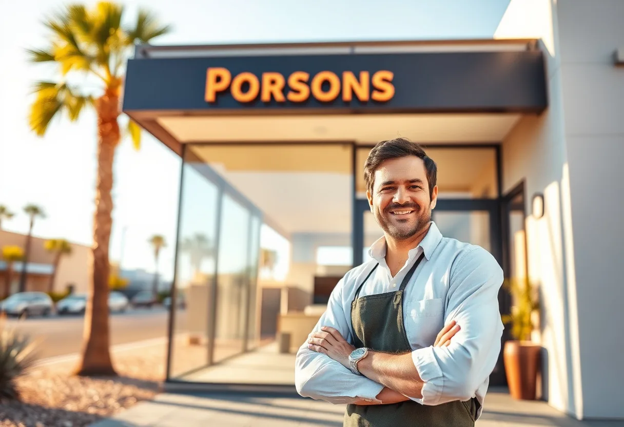 Small business owners outside a storefront in Phoenix, Arizona with the desert skyline in the background