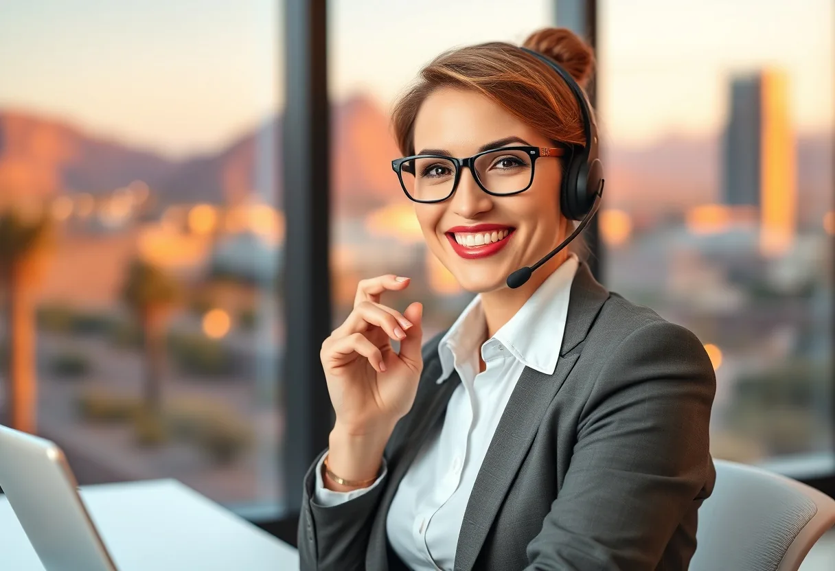 Friendly Phoenix insurance agent on the phone with a desert-city view behind