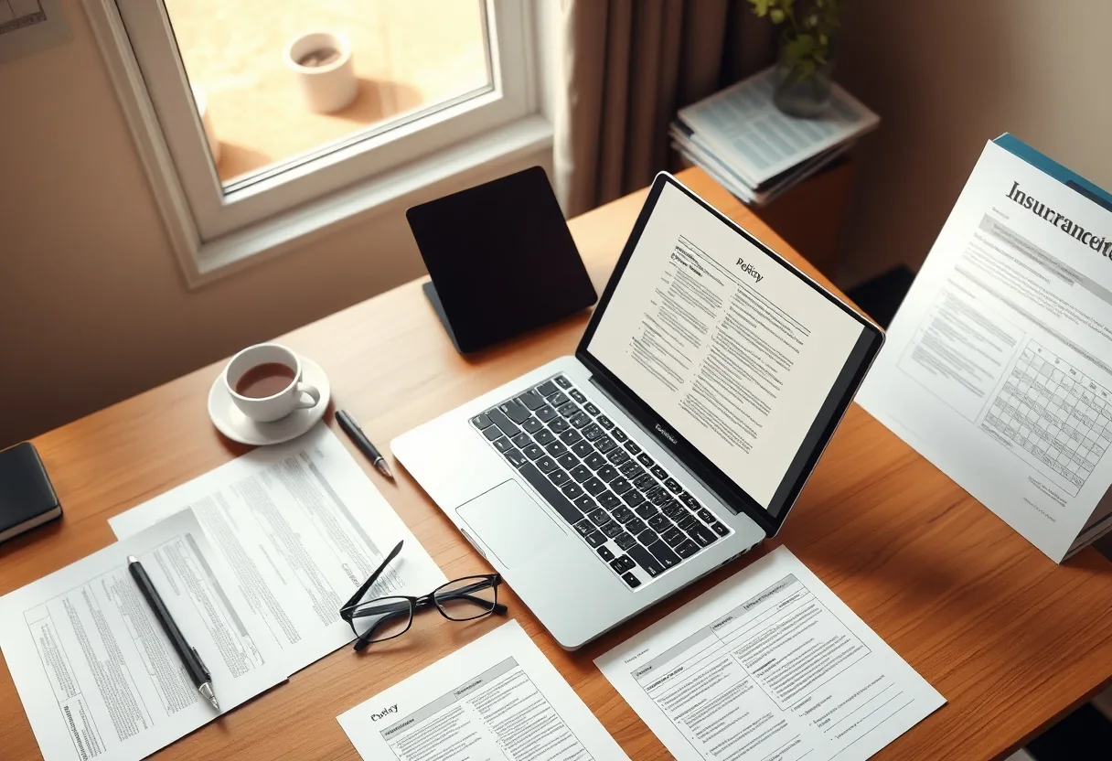 A Phoenix insurance agent's desk with paperwork and a laptop, desert light through the window