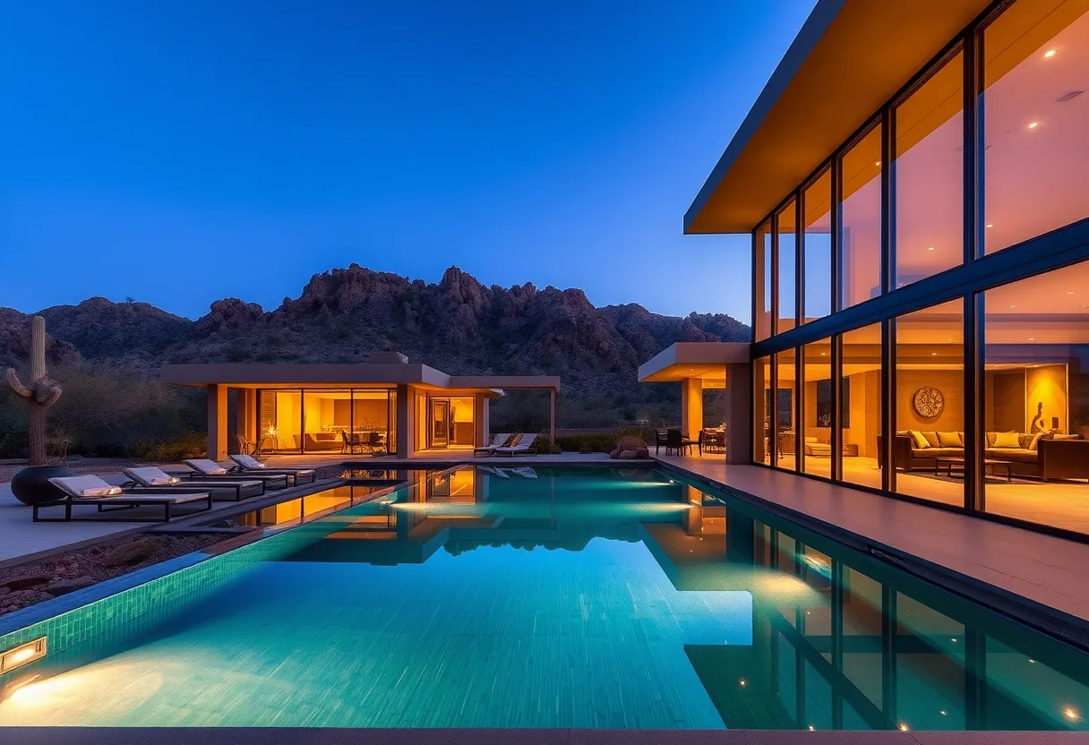 Luxury custom desert estate at dusk in Paradise Valley, Arizona, with pool, casita, and Camelback Mountain in the background