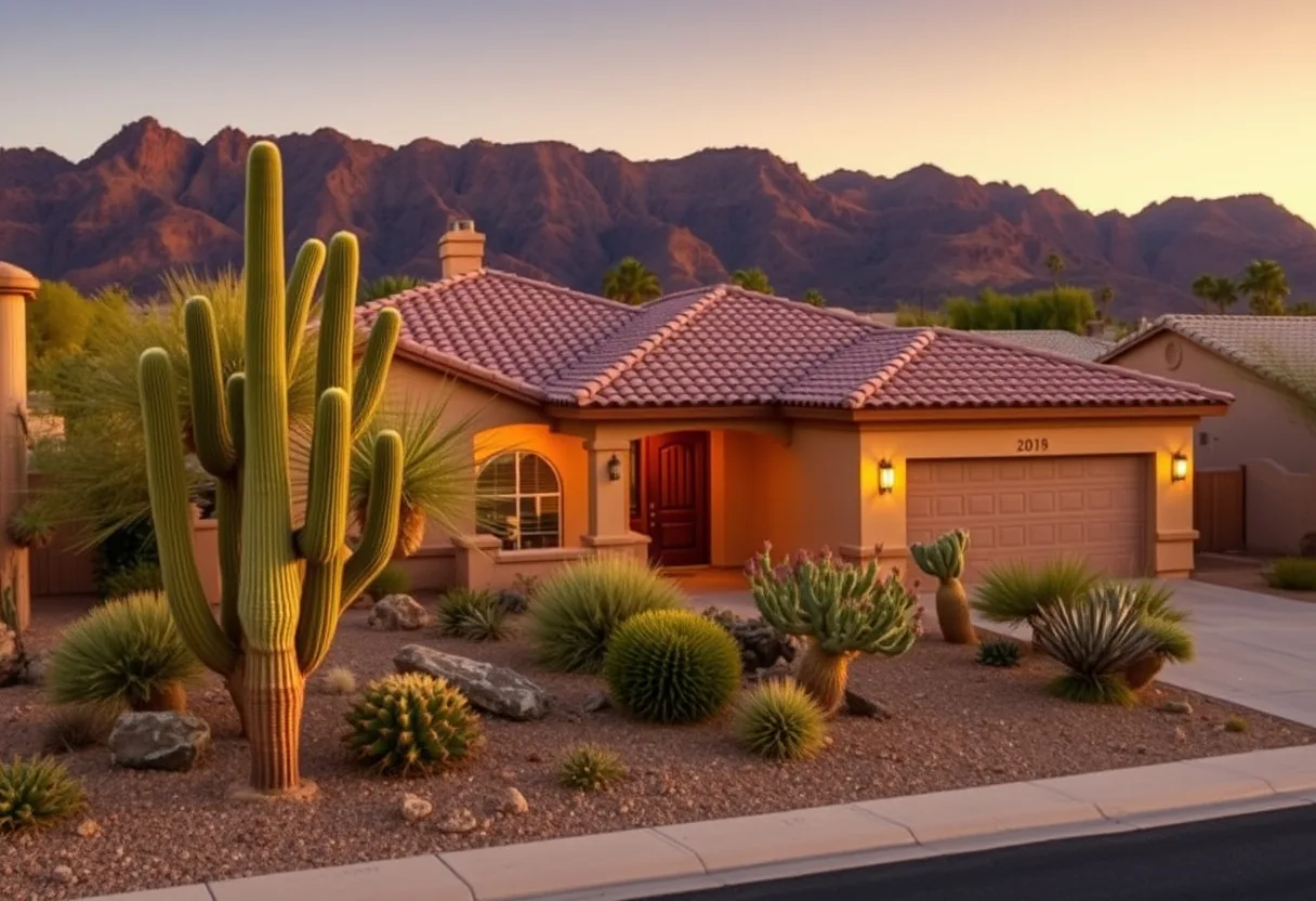 Single-story Phoenix home with a tile roof, desert landscaping, and a backyard pool under a summer monsoon sky