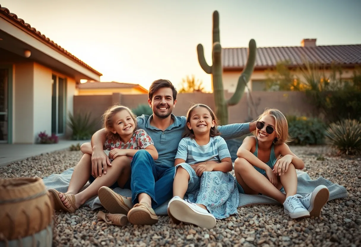 Young Phoenix family relaxing together at home in the East Valley with palm trees and desert sunlight outside the window
