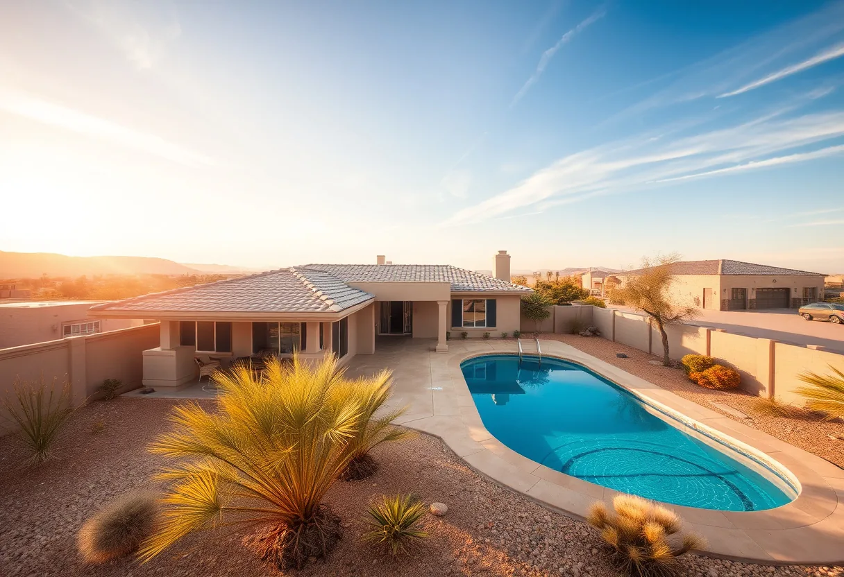 Phoenix backyard with a swimming pool and a single-family home under a clear Arizona sky